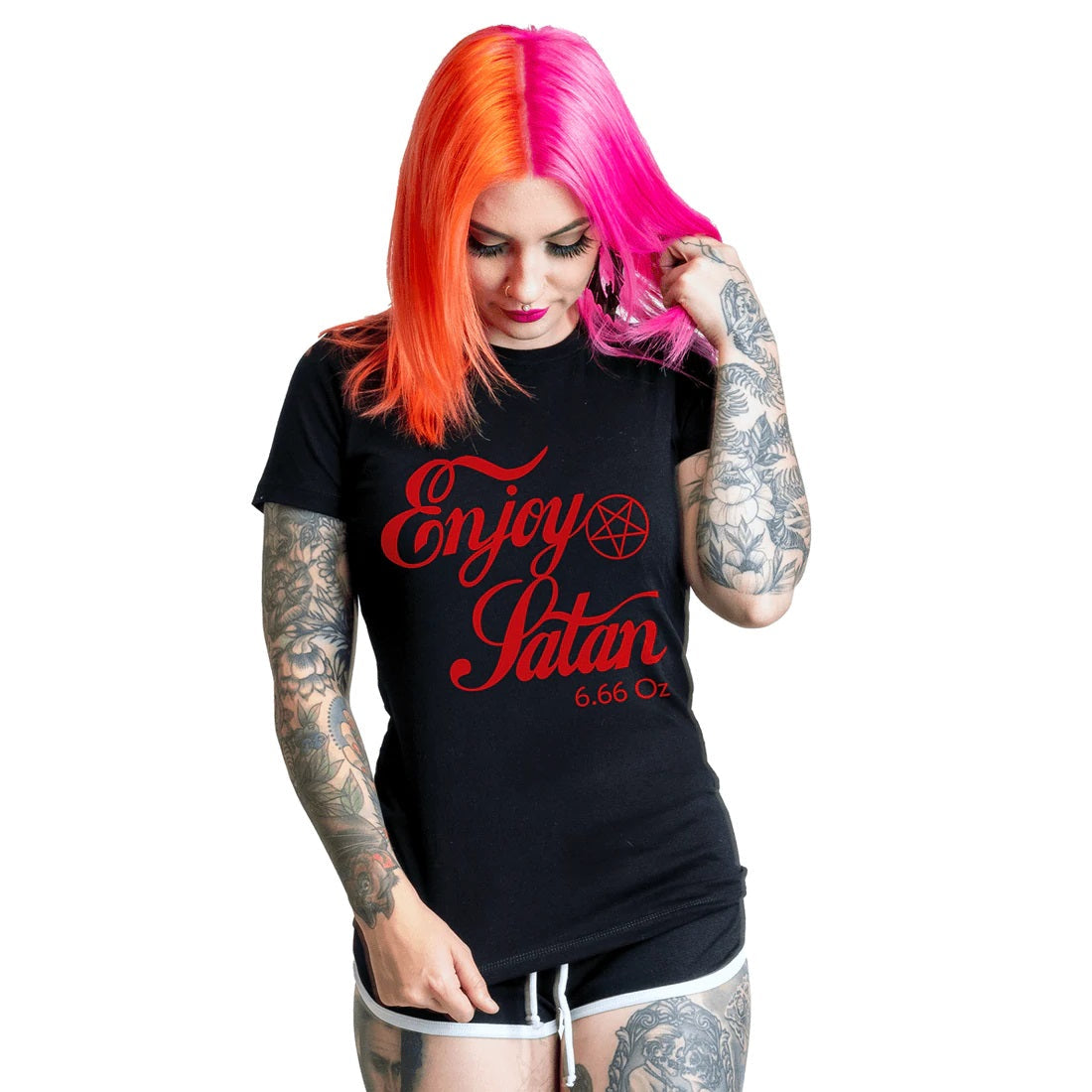 Enjoy Satan Black Graphic T-Shirt-Womens Tops-Scarlett Dawn