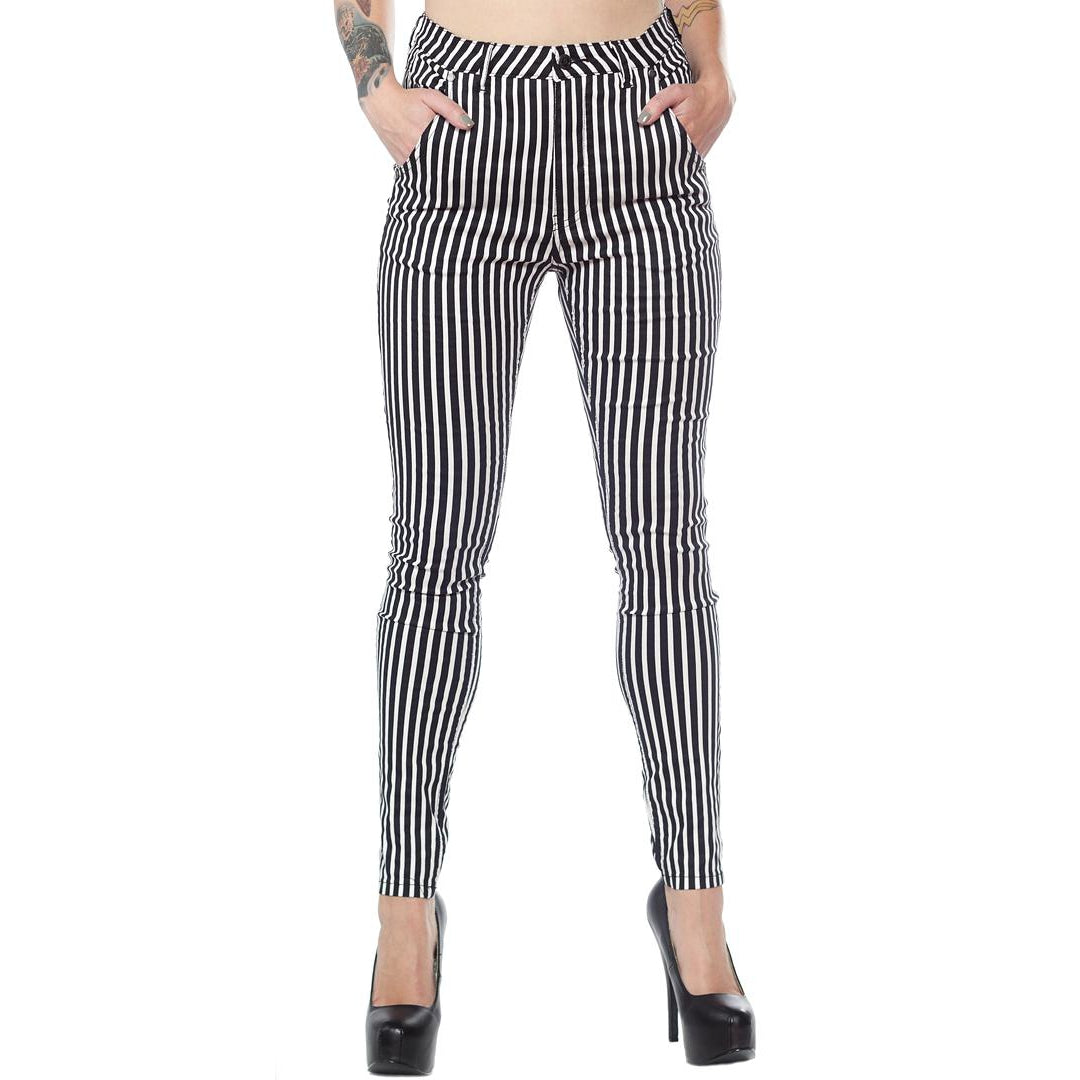 Essential 5 Pocket Black And White Striped Stretch Pants-Womens Leggings & Pants-Scarlett Dawn