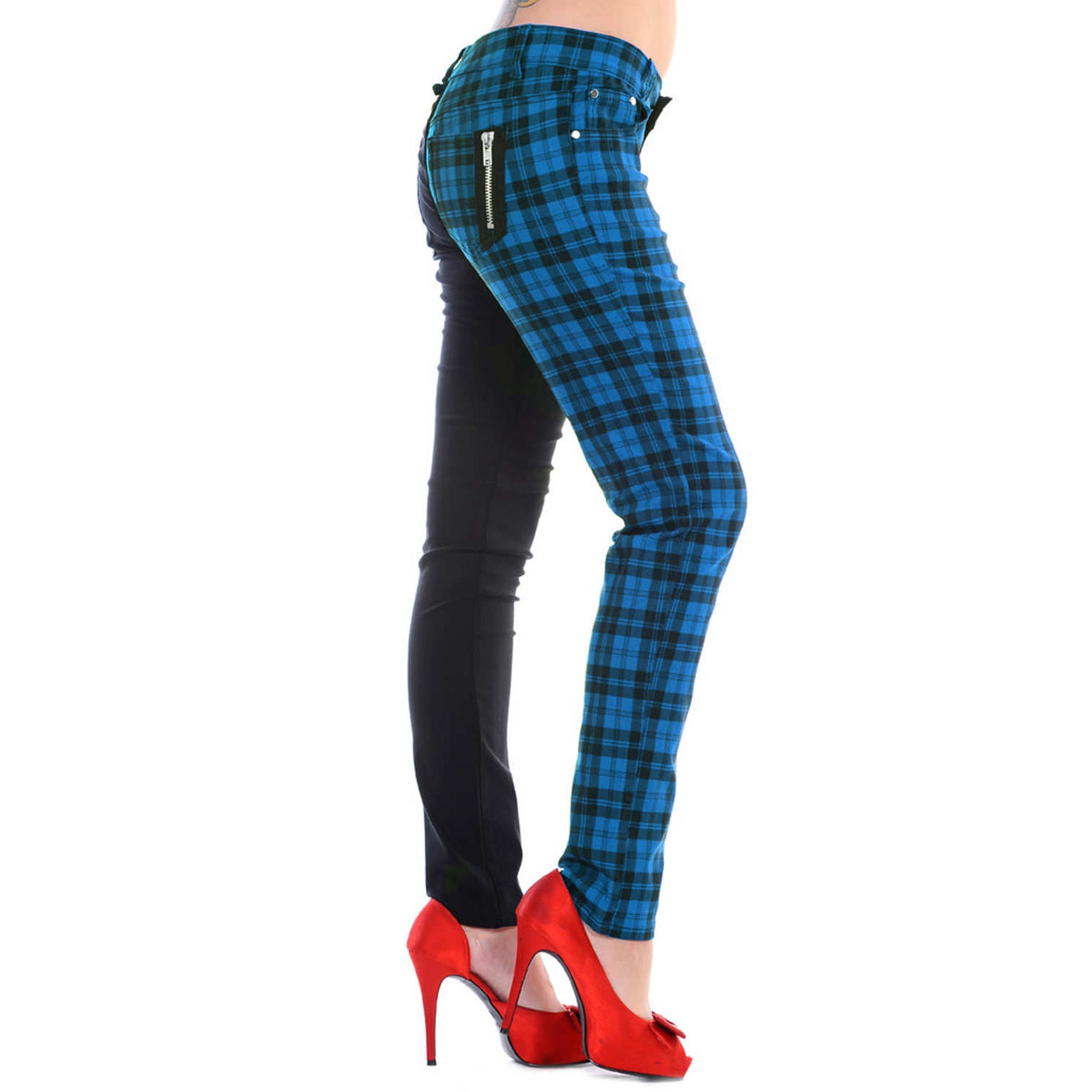 Half Black Half Blue Check Womens Skinny Jeans-Womens Leggings &amp; Pants-Scarlett Dawn