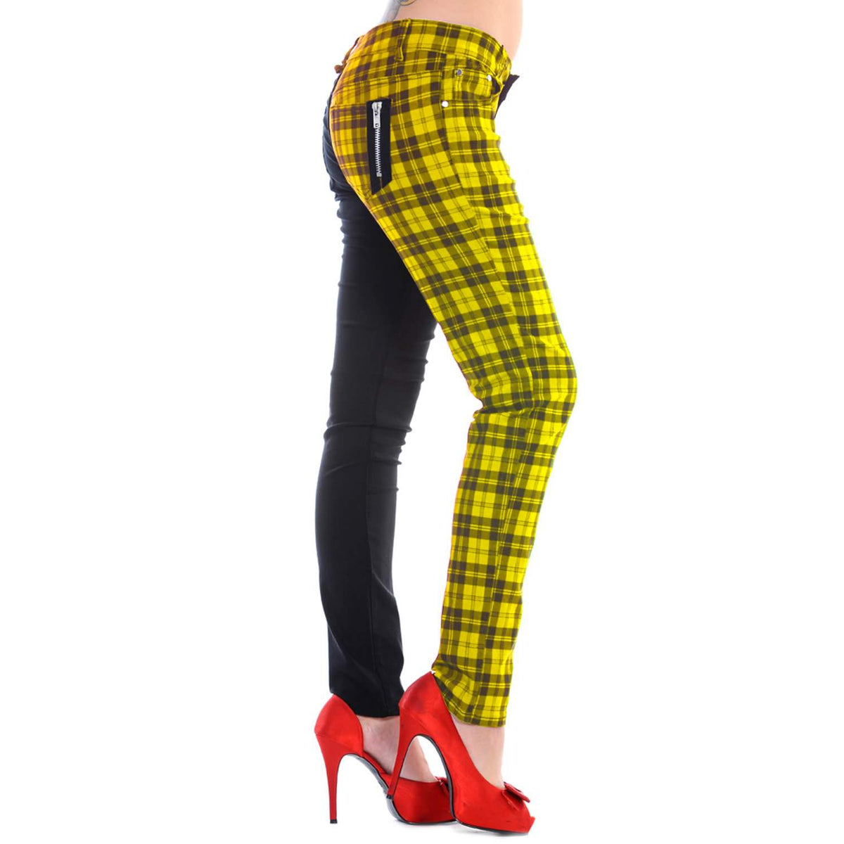 Half Black Half Yellow Check Womens Skinny Jeans-Womens Leggings &amp; Pants-Scarlett Dawn