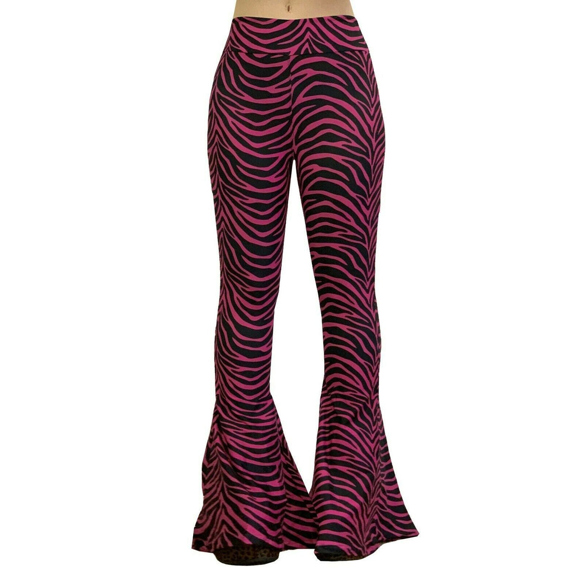 Hellz Bellz Pink Zebra Womens Bell Bottom Flares-Womens Leggings &amp; Pants-Scarlett Dawn