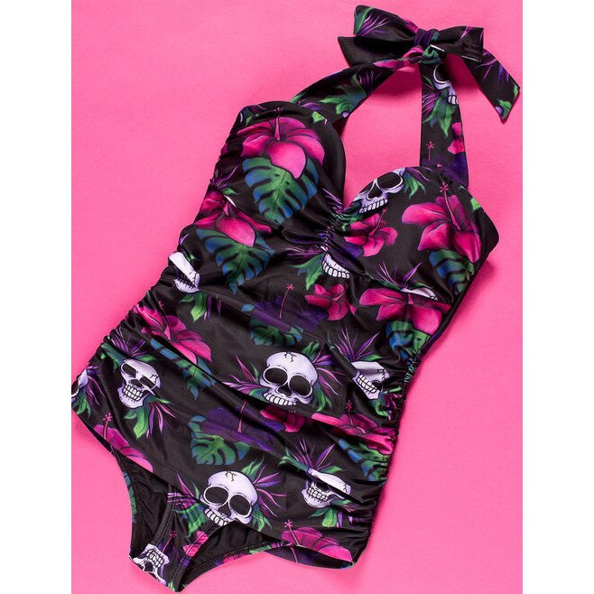 Tropical Skulls Ruched One Piece Womens Swimsuit-Womens Swimwear-Scarlett Dawn