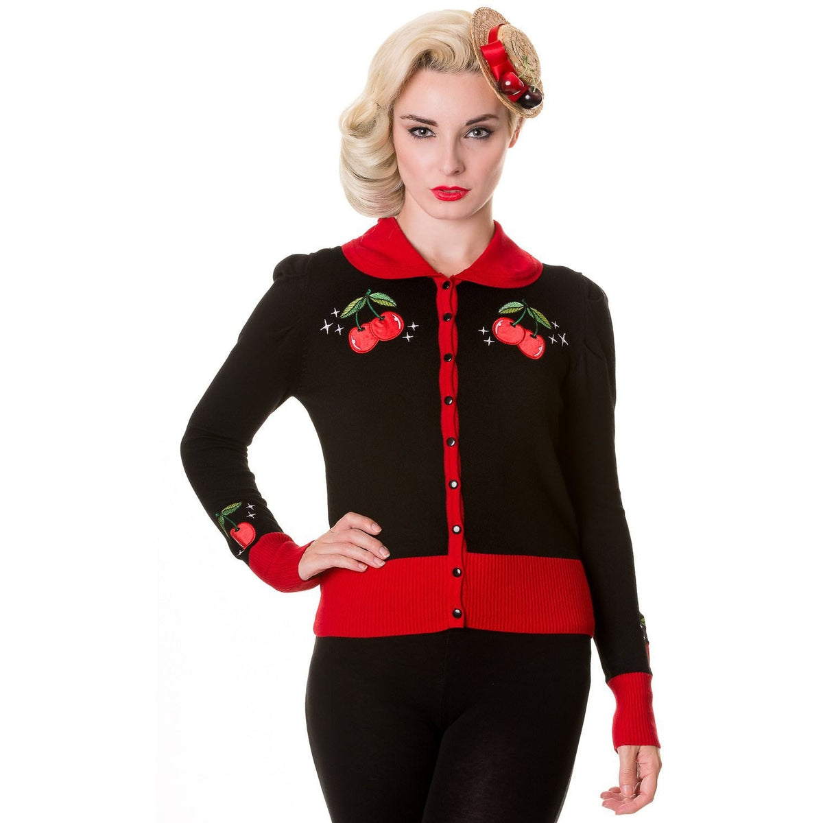 Vintage Cherry Red &amp; Black Cardigan-Womens Cardigans-Scarlett Dawn