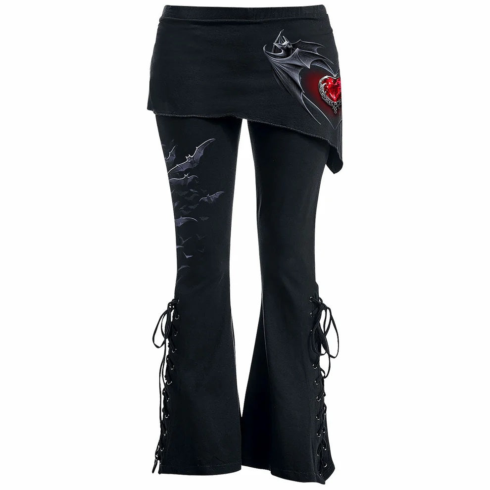 Bats Heart Boot-Cut Leggings With Micro Slant Skirt-Womens Leggings & Pants-Scarlett Dawn