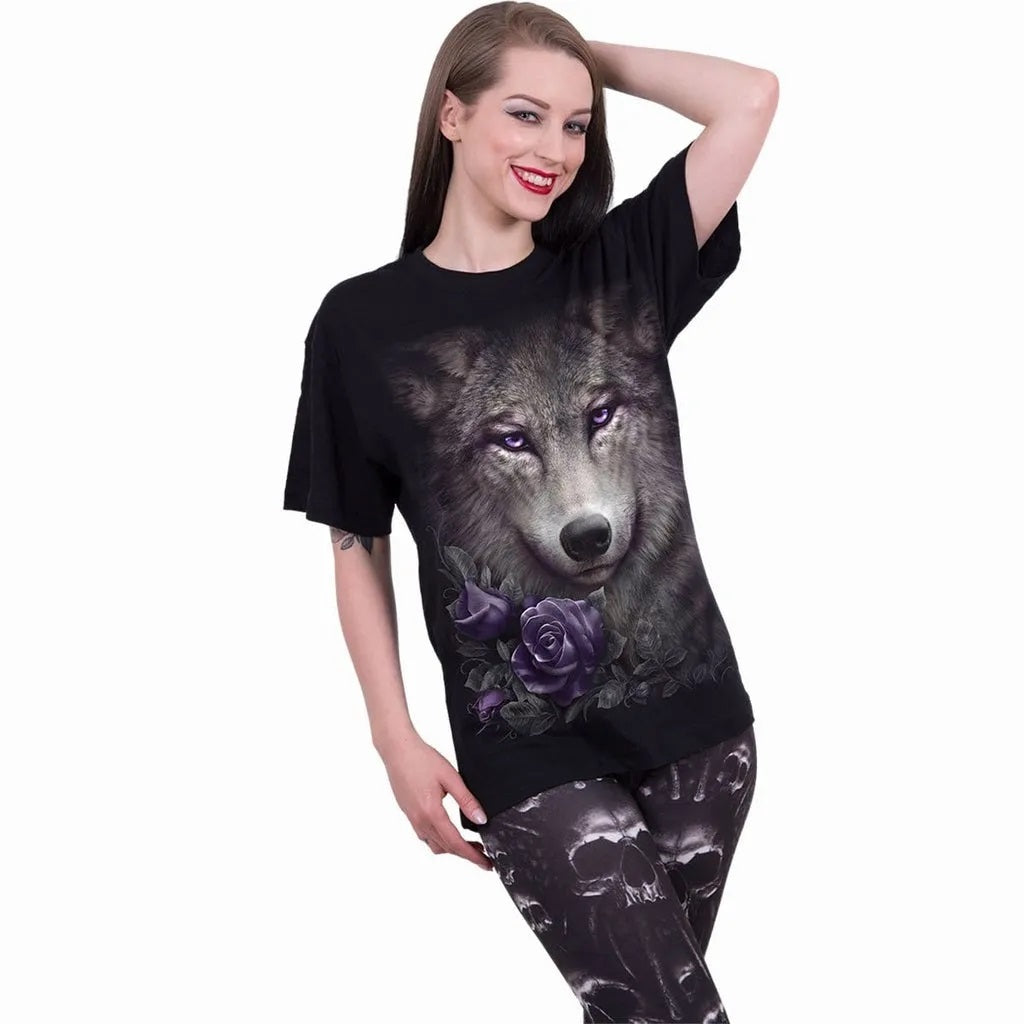 Wolf Roses Front Print Black & Purple Unisex T-Shirt-Womens Tops-Scarlett Dawn