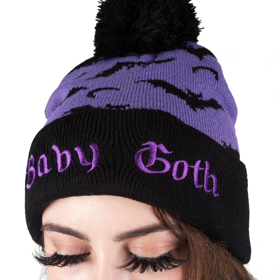 Baby Goth And Bats Pom Pom Womens Beanie-Womens Beanies-Scarlett Dawn