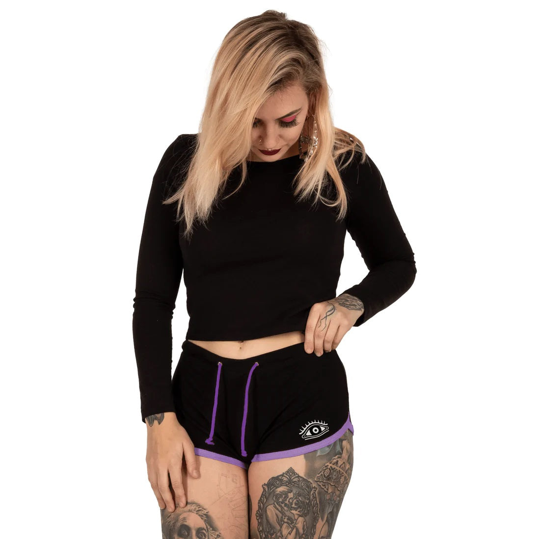 Barbed Wire Heart Eye Purple Trim Dolphin Hot Shorts-Womens Shorts & Skirts-Scarlett Dawn