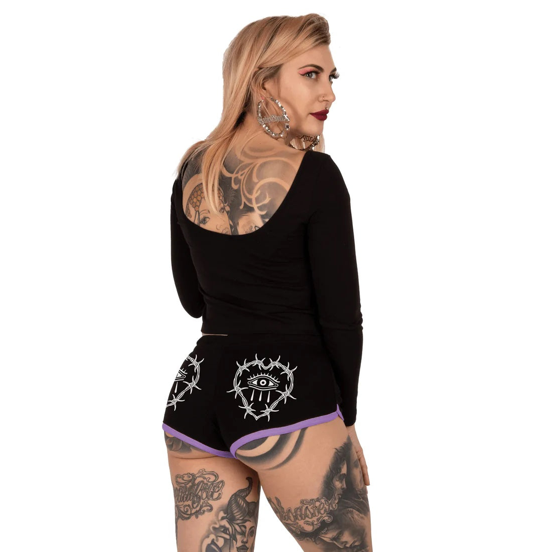 Barbed Wire Heart Eye Purple Trim Dolphin Hot Shorts-Womens Shorts & Skirts-Scarlett Dawn