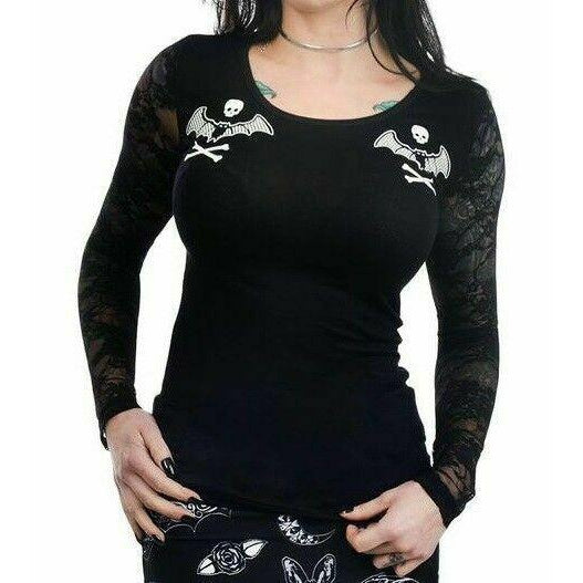 Bat Crossbones Kelly Lace Back Long Sleeve Top-Womens Tops-Scarlett Dawn