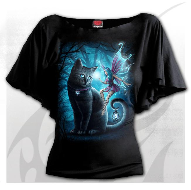 Cat And Fairy Boat Neck Bat Sleeve Womens Top-Womens Tops-Scarlett Dawn