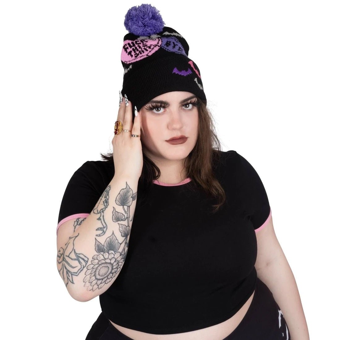 Creepy Candy Hearts Pom Pom Womens Beanie-Womens Beanies-Scarlett Dawn