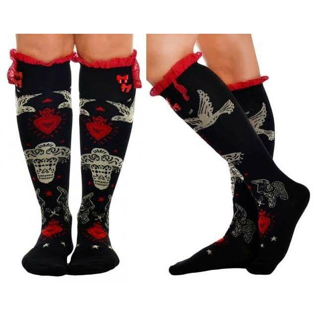 Day of the Dead Fiesta Eyelet Knee Socks-Womens Socks-Scarlett Dawn