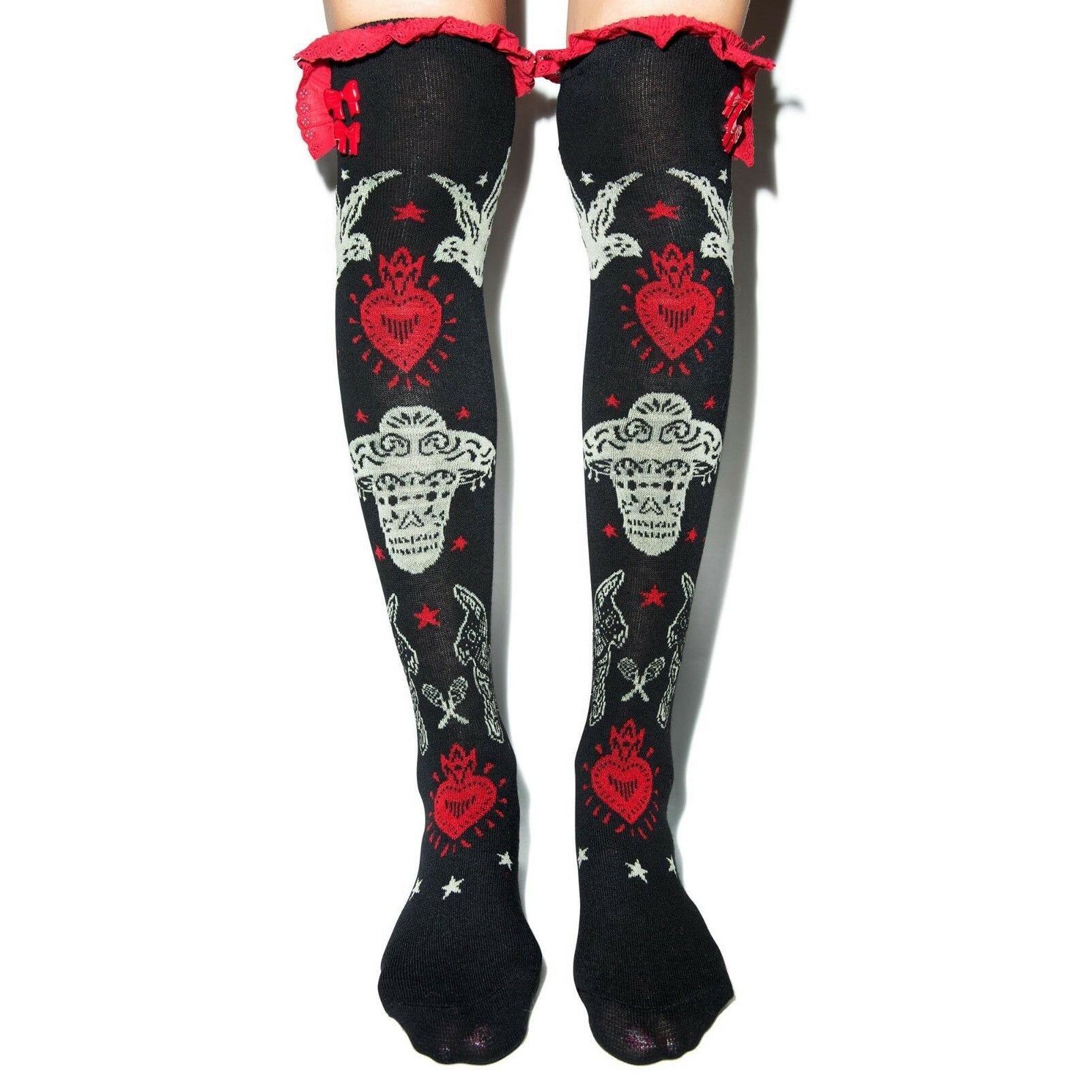 Day of the Dead Fiesta Eyelet Knee Socks-Womens Socks-Scarlett Dawn