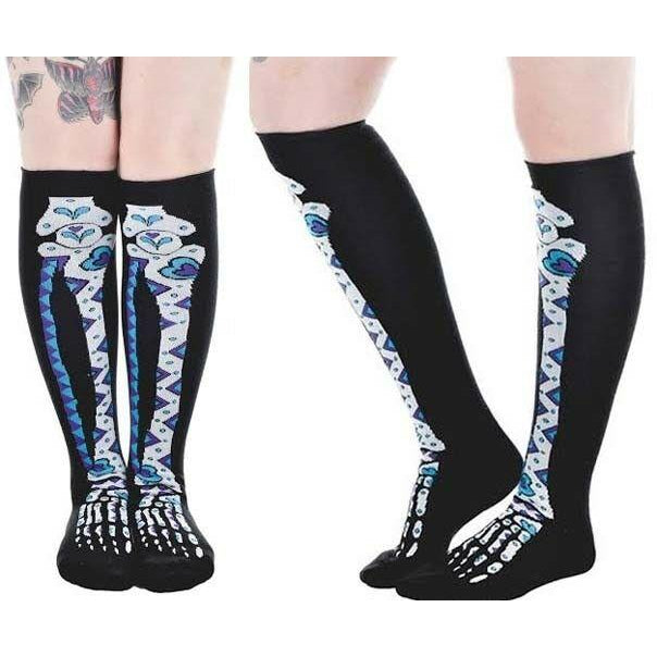 Day Of The Dead Rolled Knee Socks-Womens Socks-Scarlett Dawn