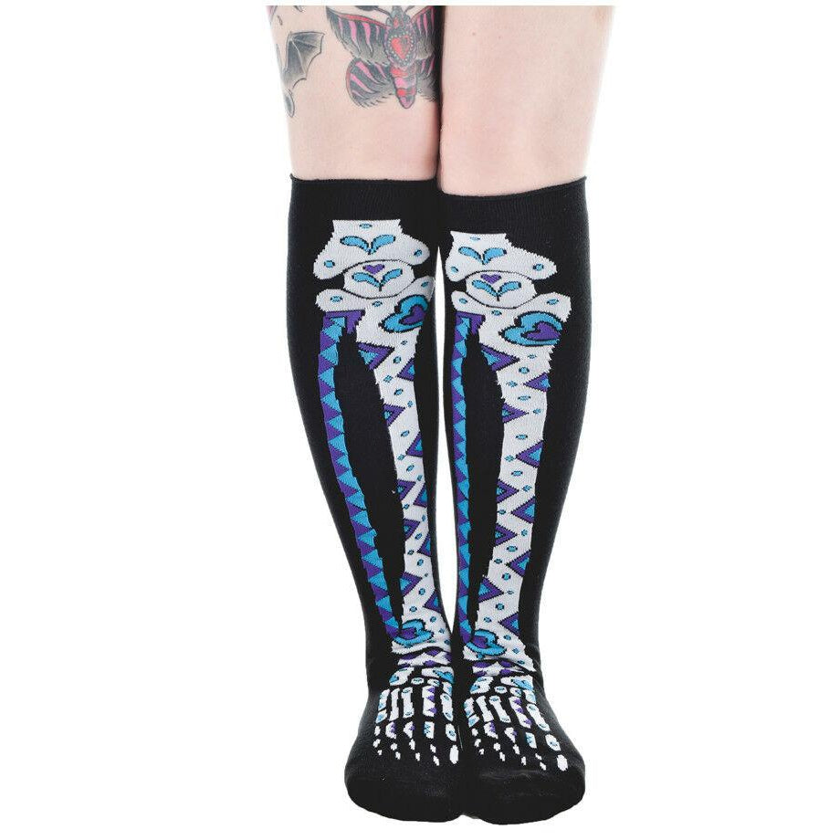 Day Of The Dead Rolled Knee Socks-Womens Socks-Scarlett Dawn