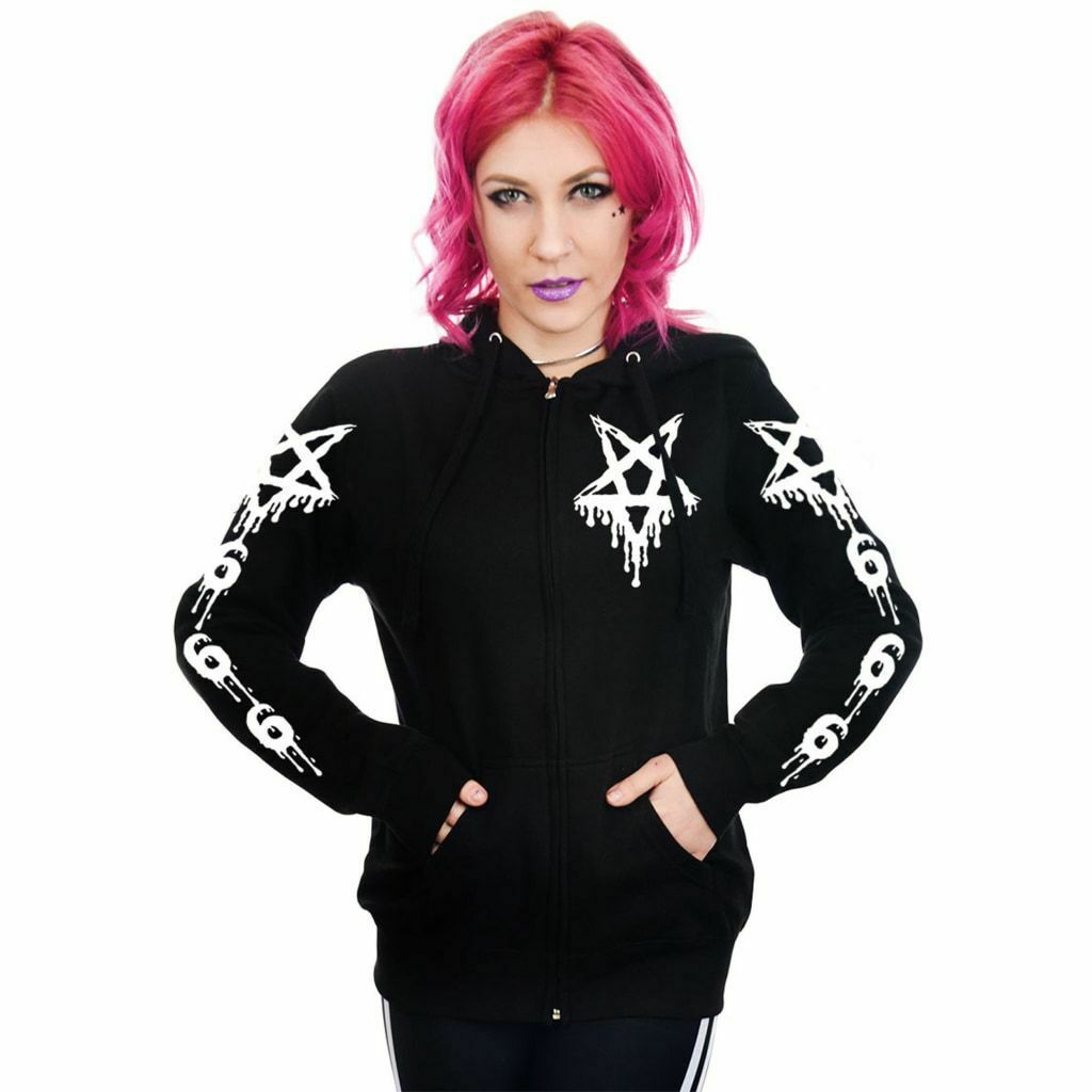 Drippy 666 Pentagram Zipped Hoodie-Womens Jumpers & Hoodies-Scarlett Dawn