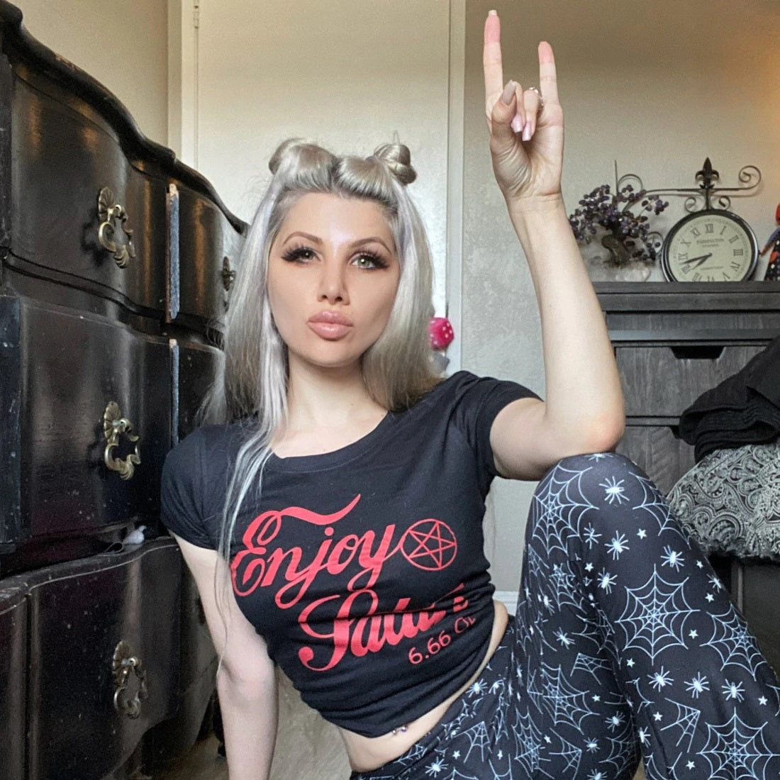 Enjoy Satan Black Graphic T-Shirt-Womens Tops-Scarlett Dawn