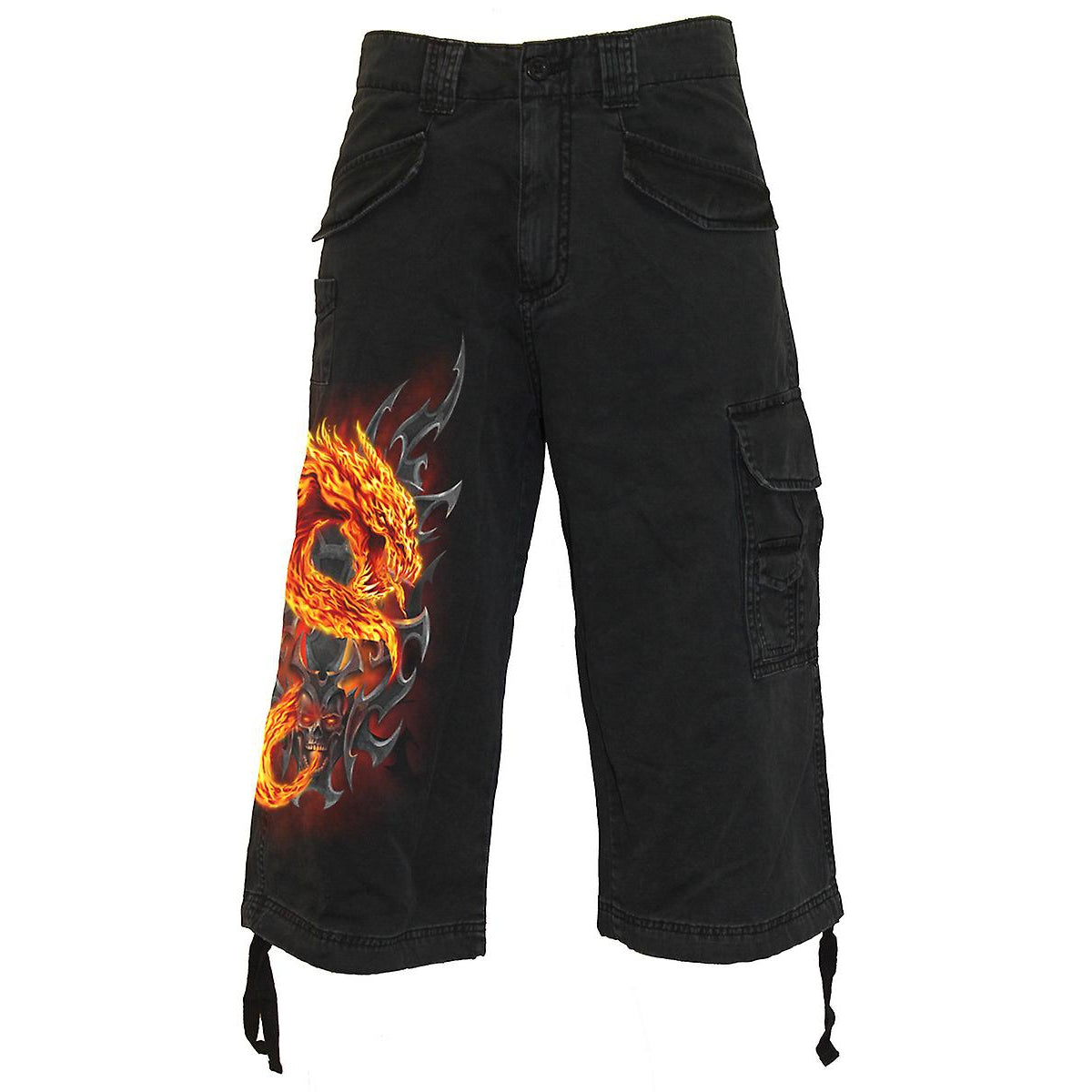 Fire Dragon Mens 3/4 Black Cargo Shorts-Mens Shorts &amp; Pants-Scarlett Dawn