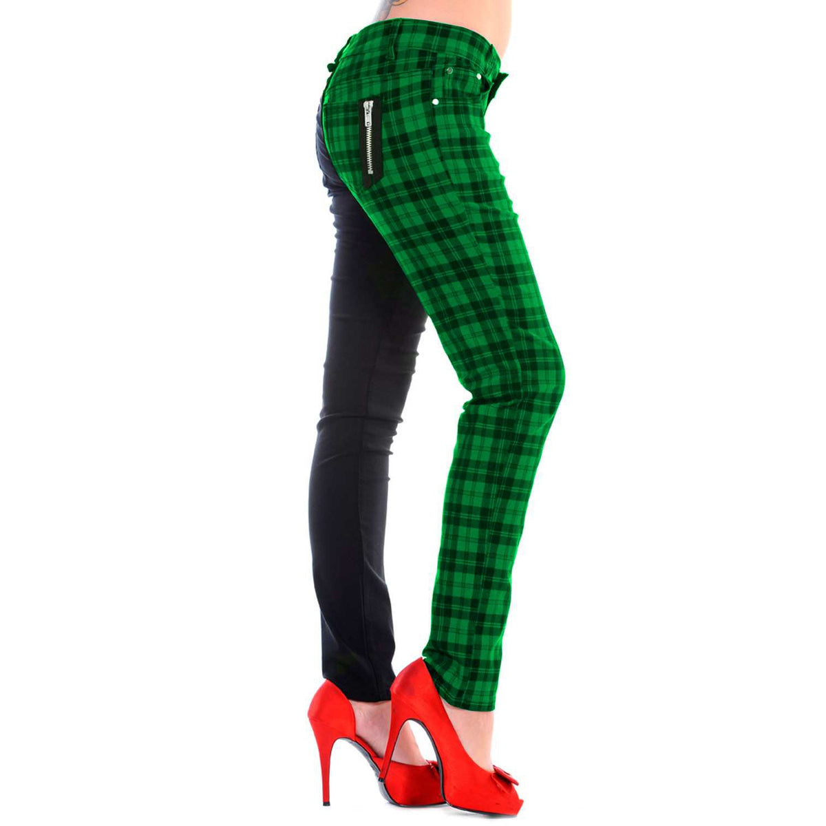 Half Black Half Green Check Womens Skinny Jeans-Womens Leggings &amp; Pants-Scarlett Dawn