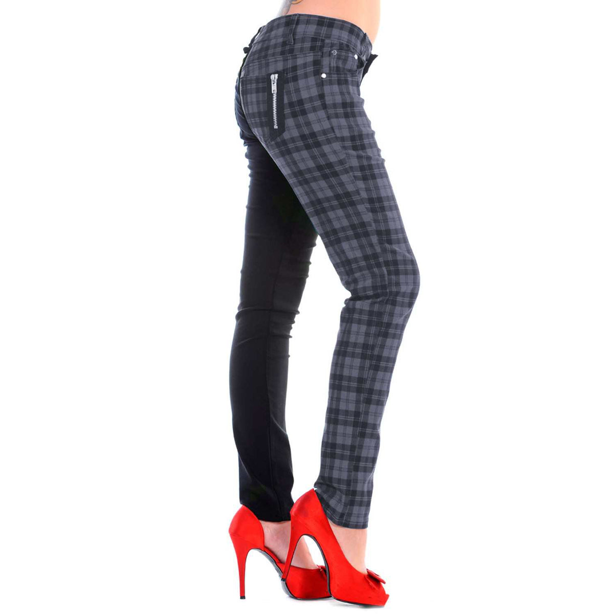 Half Black Half Grey Check Womens Skinny Jeans-Womens Leggings &amp; Pants-Scarlett Dawn