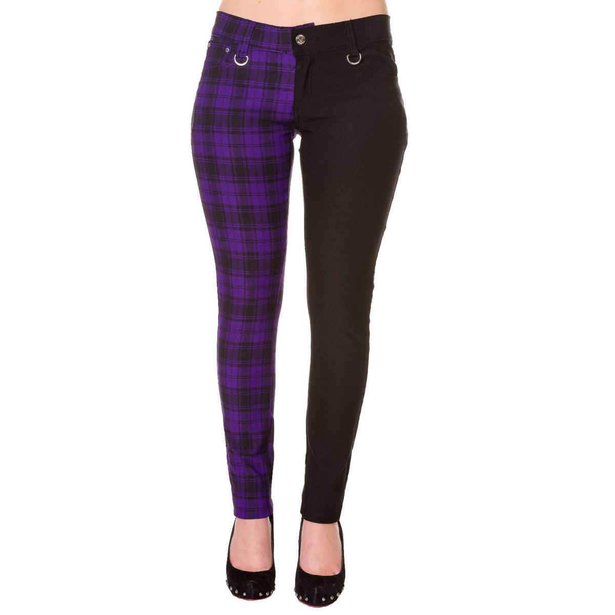 Half Black Half Purple Check Womens Skinny Jeans-Womens Leggings &amp; Pants-Scarlett Dawn