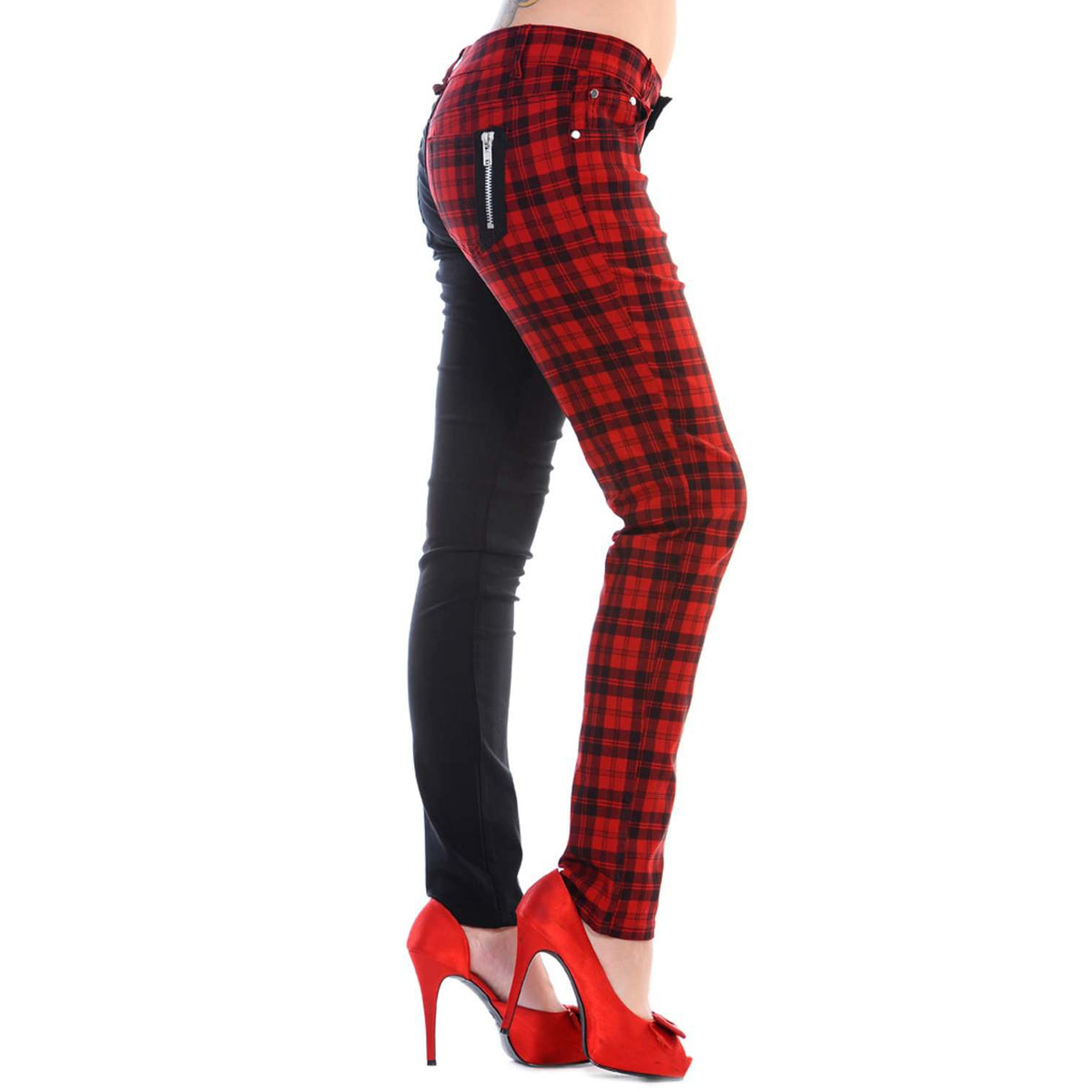 Half Black Half Red Check Womens Skinny Jeans-Womens Leggings &amp; Pants-Scarlett Dawn