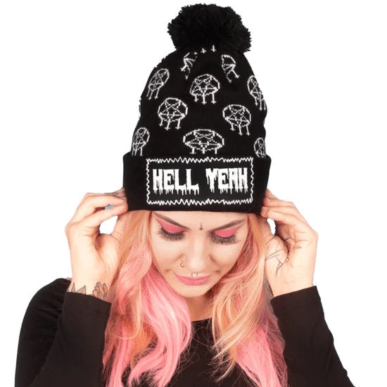 Hell Yeah Punk Patch Pom Pom Womens Beanie-Womens Beanies-Scarlett Dawn