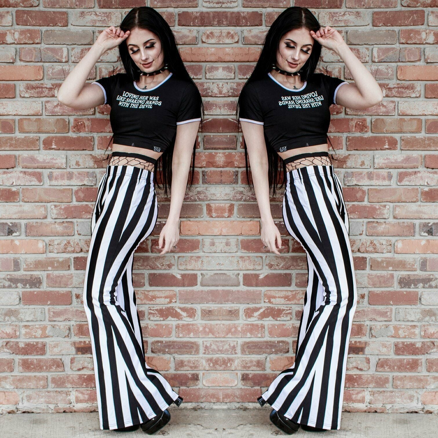 Hellz Bellz Jail Byrd Black & White Stripe Bell Bottom Flares-Womens Leggings & Pants-Scarlett Dawn