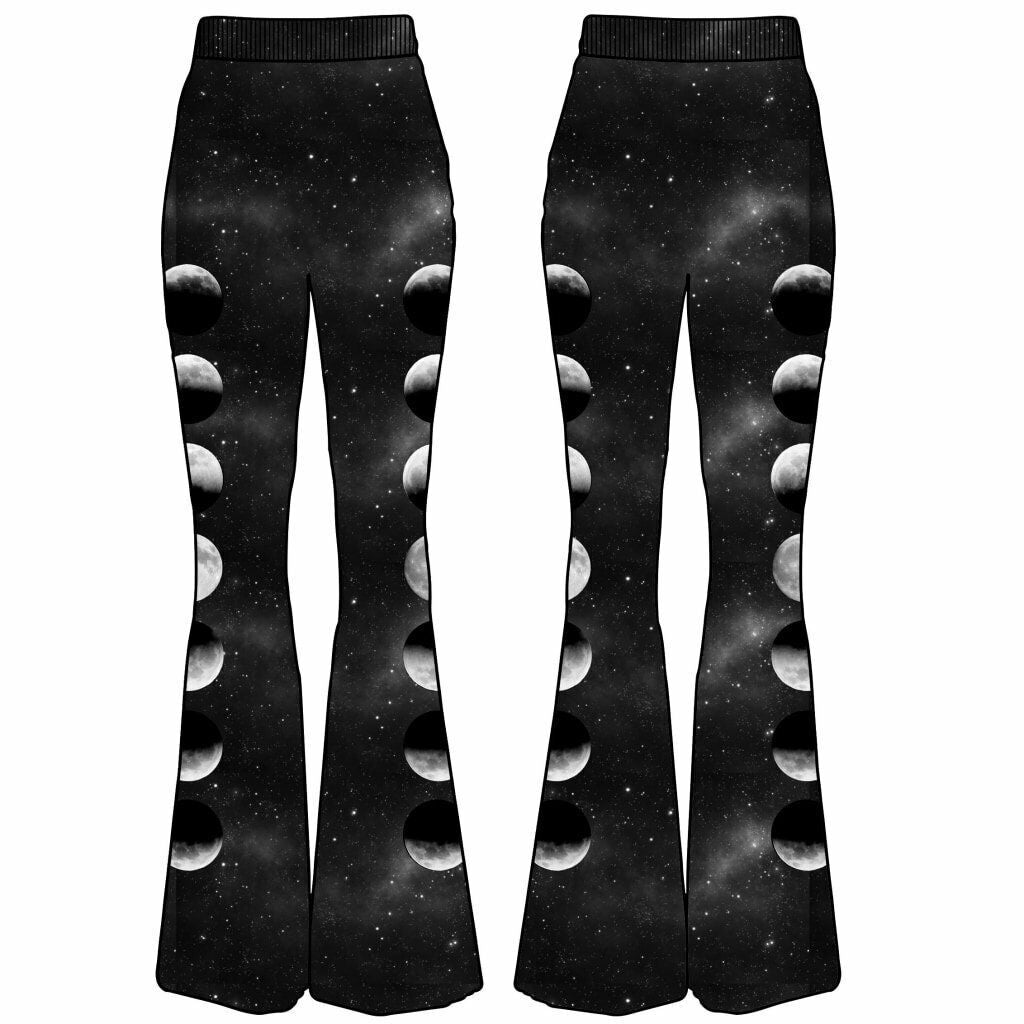 Hellz Bellz Moon Phases &amp; Galaxy Bell Bottom Flares-Womens Leggings &amp; Pants-Scarlett Dawn