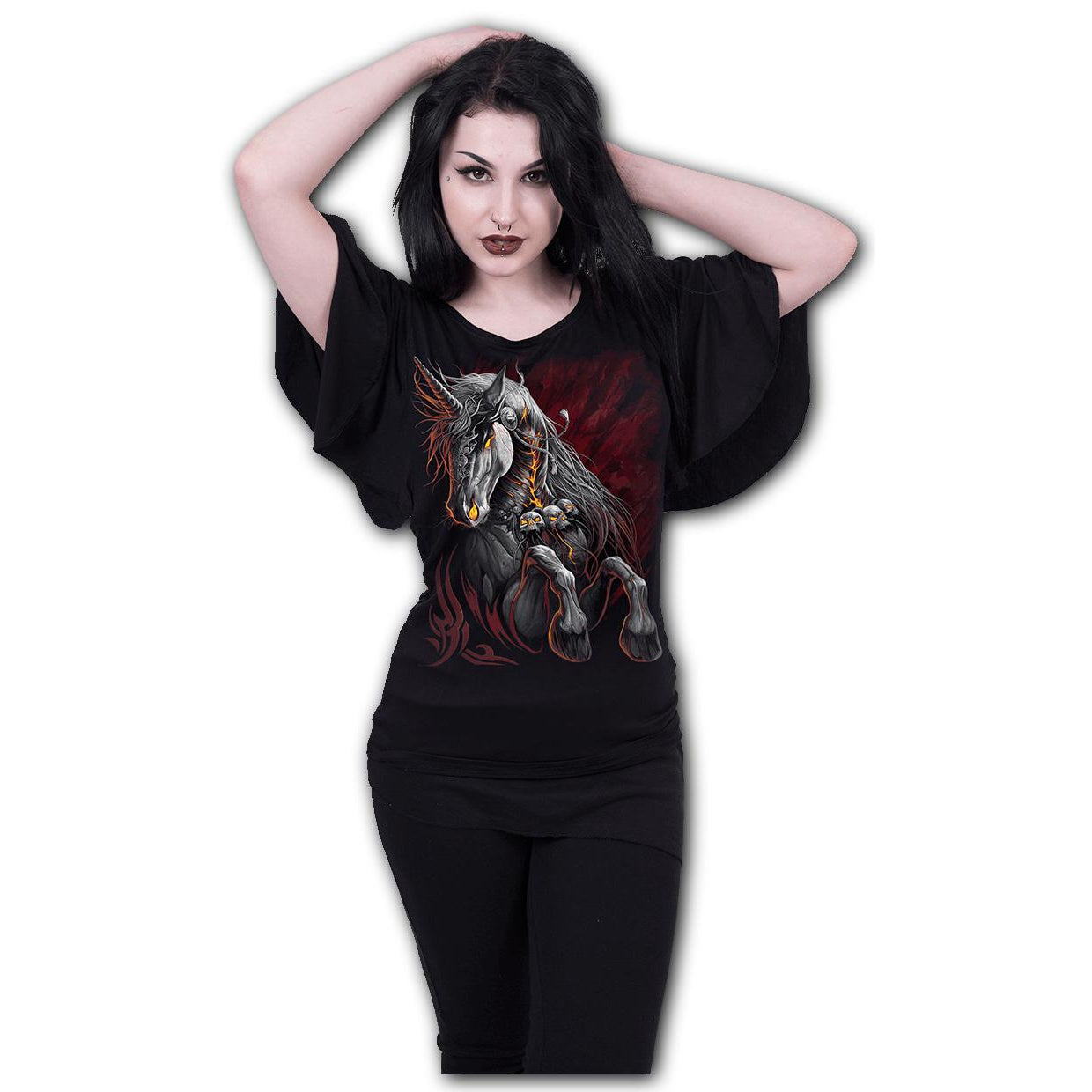Infernal Unicorn Boat Neck Bat Sleeve Womens Top-Womens Tops-Scarlett Dawn