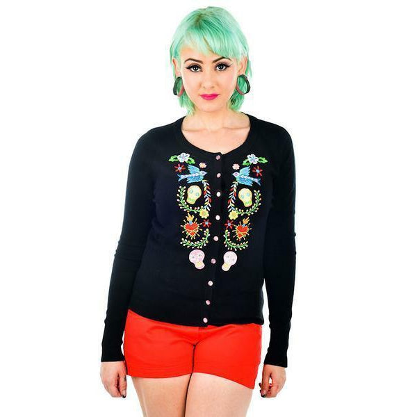 Mexican Candy Skull Embroided Cardigan-Womens Cardigans-Scarlett Dawn