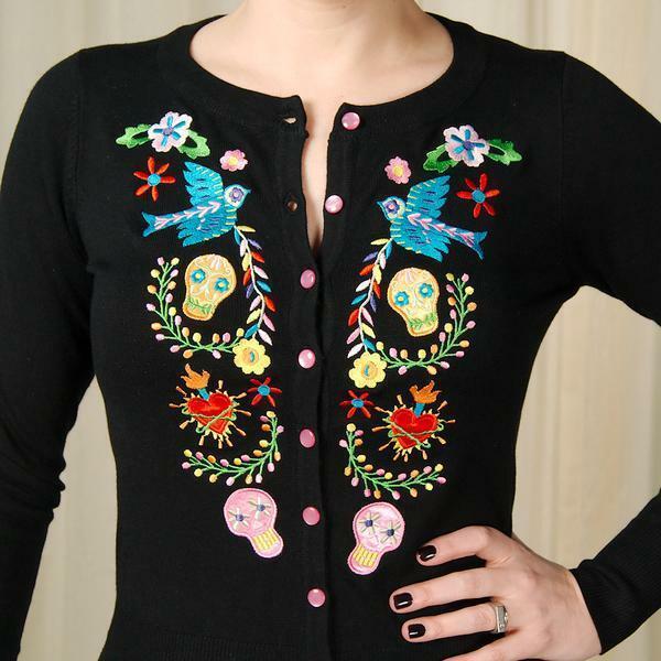 Mexican Candy Skull Embroided Cardigan-Womens Cardigans-Scarlett Dawn