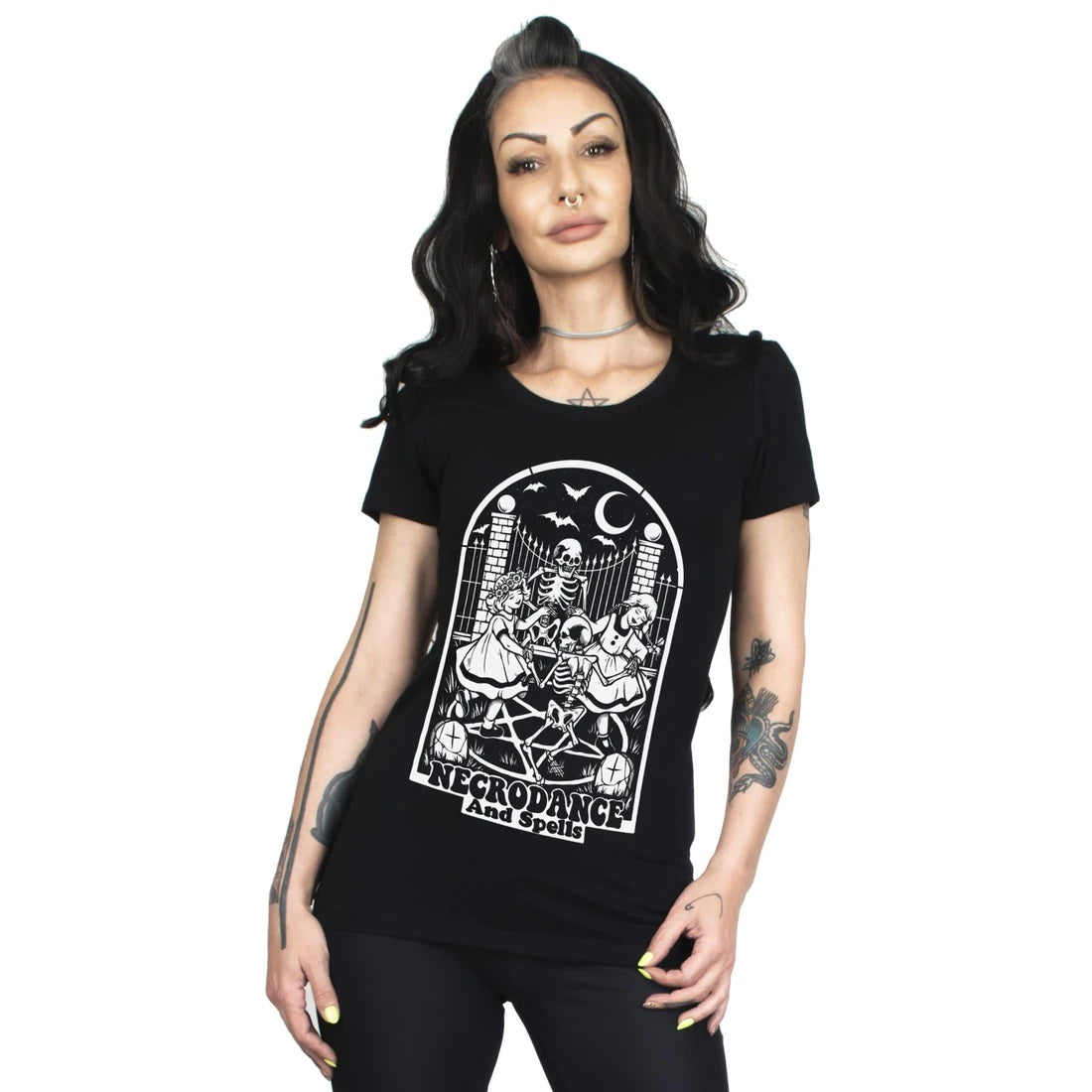 Necrodance And Spells Black Graphic T Shirt-Womens Tops-Scarlett Dawn