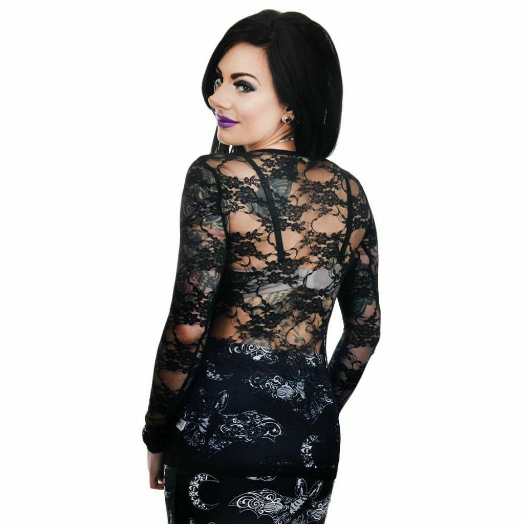 Night Creature Moon & Bats Lace Back Womens Long Sleeve Top-Womens Tops-Scarlett Dawn