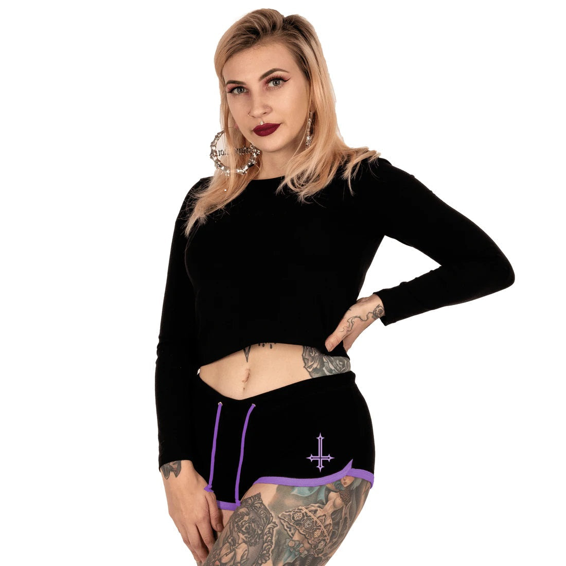 Occult Sinner Purple Trim Dolphin Hot Shorts-Womens Shorts &amp; Skirts-Scarlett Dawn