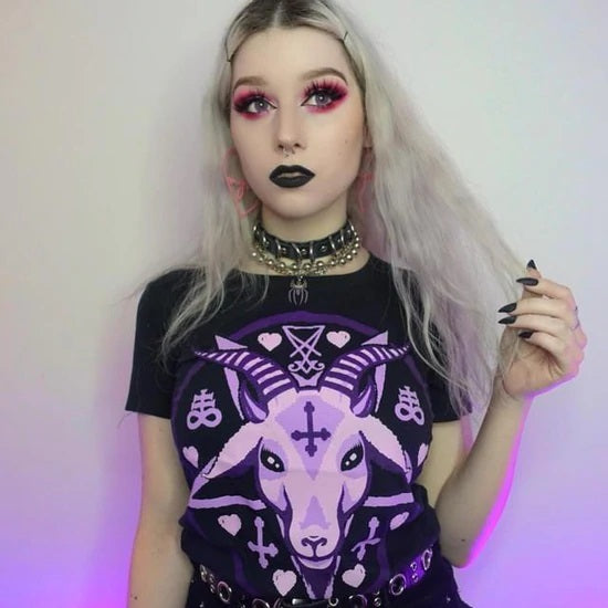 Pastel Goat Baphomet Black Graphic T Shirt-Womens Tops-Scarlett Dawn