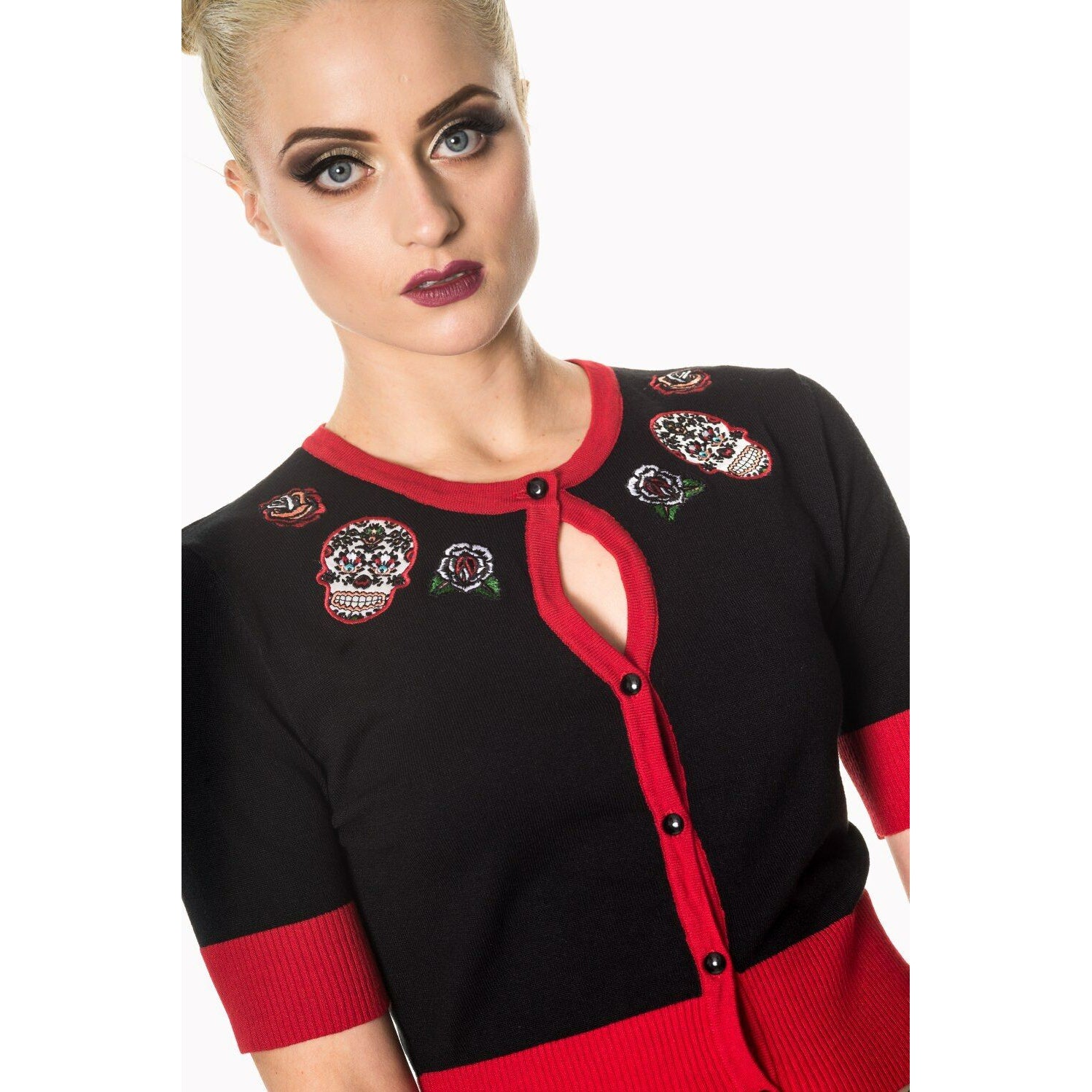 Red Rose Candy Skulls Cardigan-Womens Cardigans-Scarlett Dawn