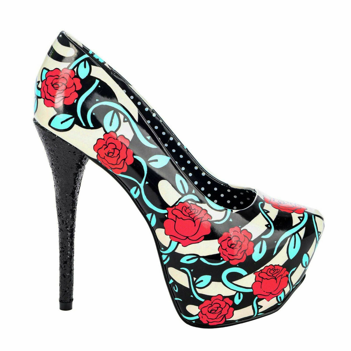 Red Rose &amp; Vines Black White Striped Glitter Mega Heels-Womens Shoes-Scarlett Dawn