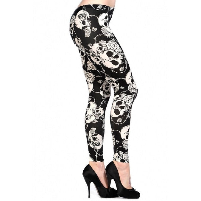 Skull Roses B & W Leggings-Womens Leggings & Pants-Scarlett Dawn