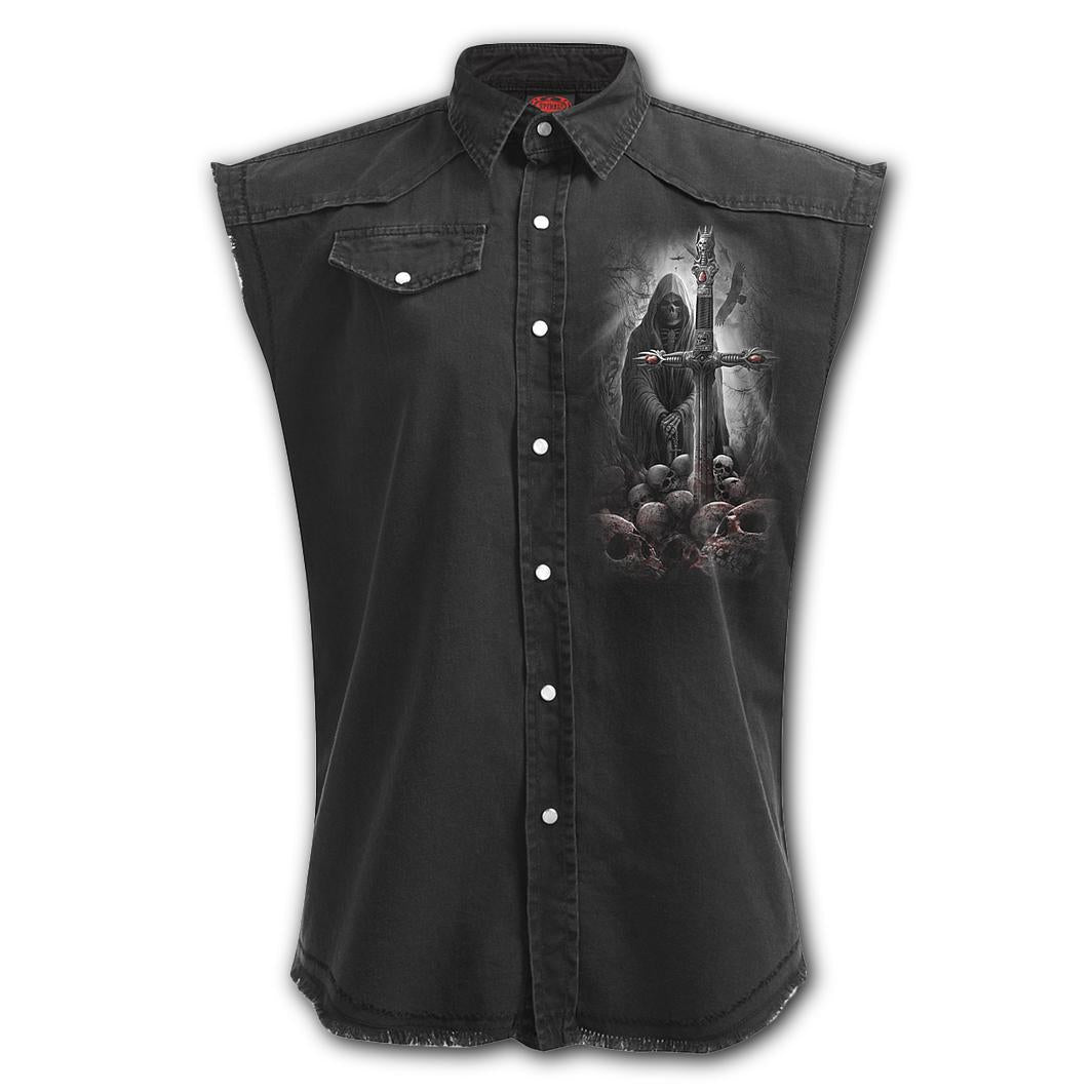 Soul Searcher Sleeveless Mens Button Up Work Shirt-Mens Casual Shirts-Scarlett Dawn