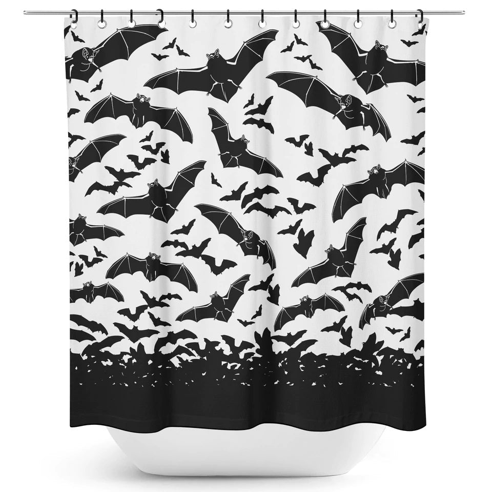 Spooksville Bats B&W Shower Curtain-Shower Curtains-Scarlett Dawn