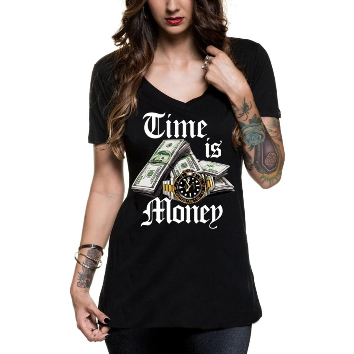 Time Is Money Black V-Neck Womens Top-Womens Tops-Scarlett Dawn
