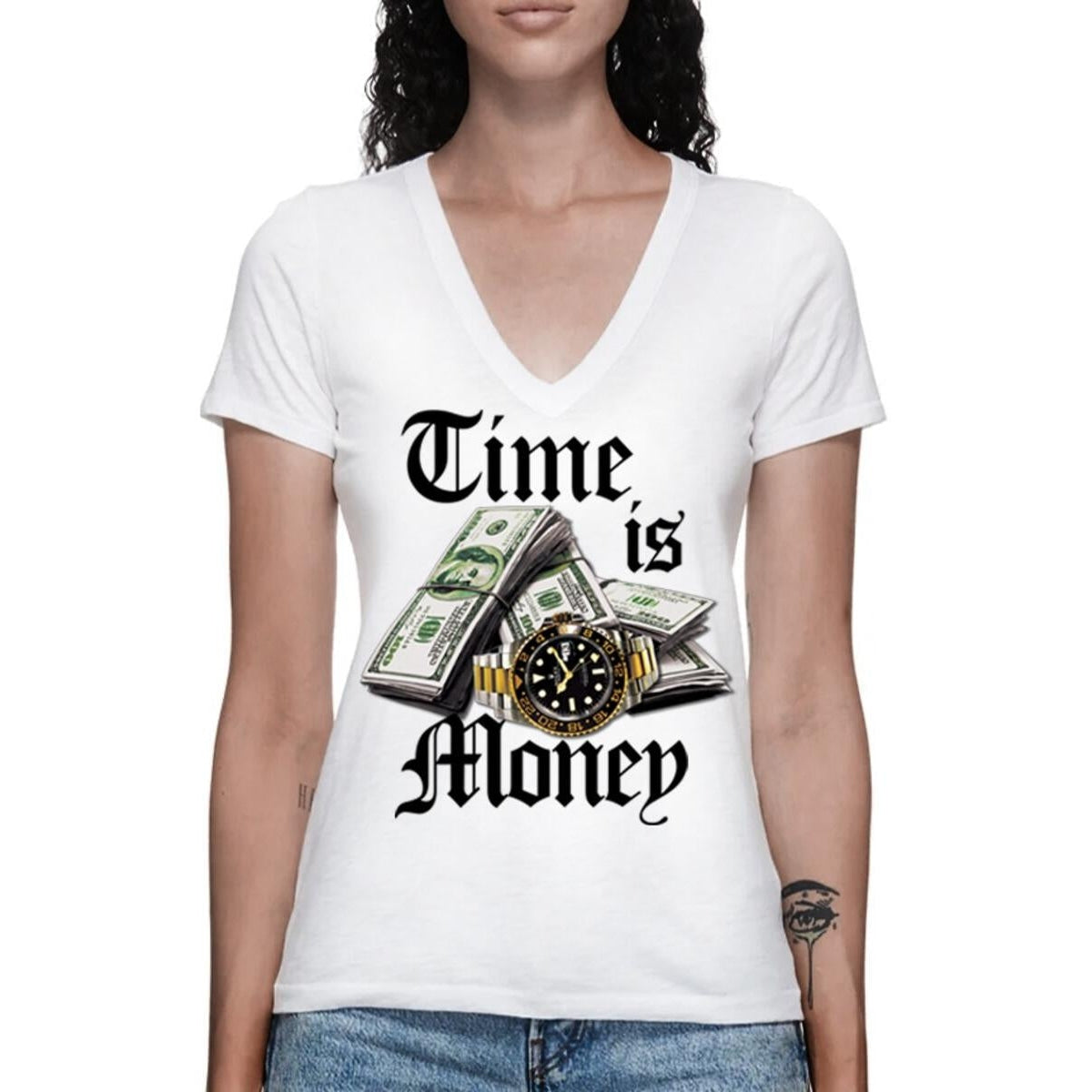 Time Is Money White V-Neck Womens Top-Womens Tops-Scarlett Dawn