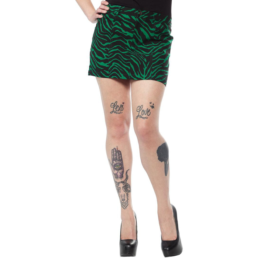 Zebra Five Pocket Green Womens Mini Skirt-Womens Shorts &amp; Skirts-Scarlett Dawn